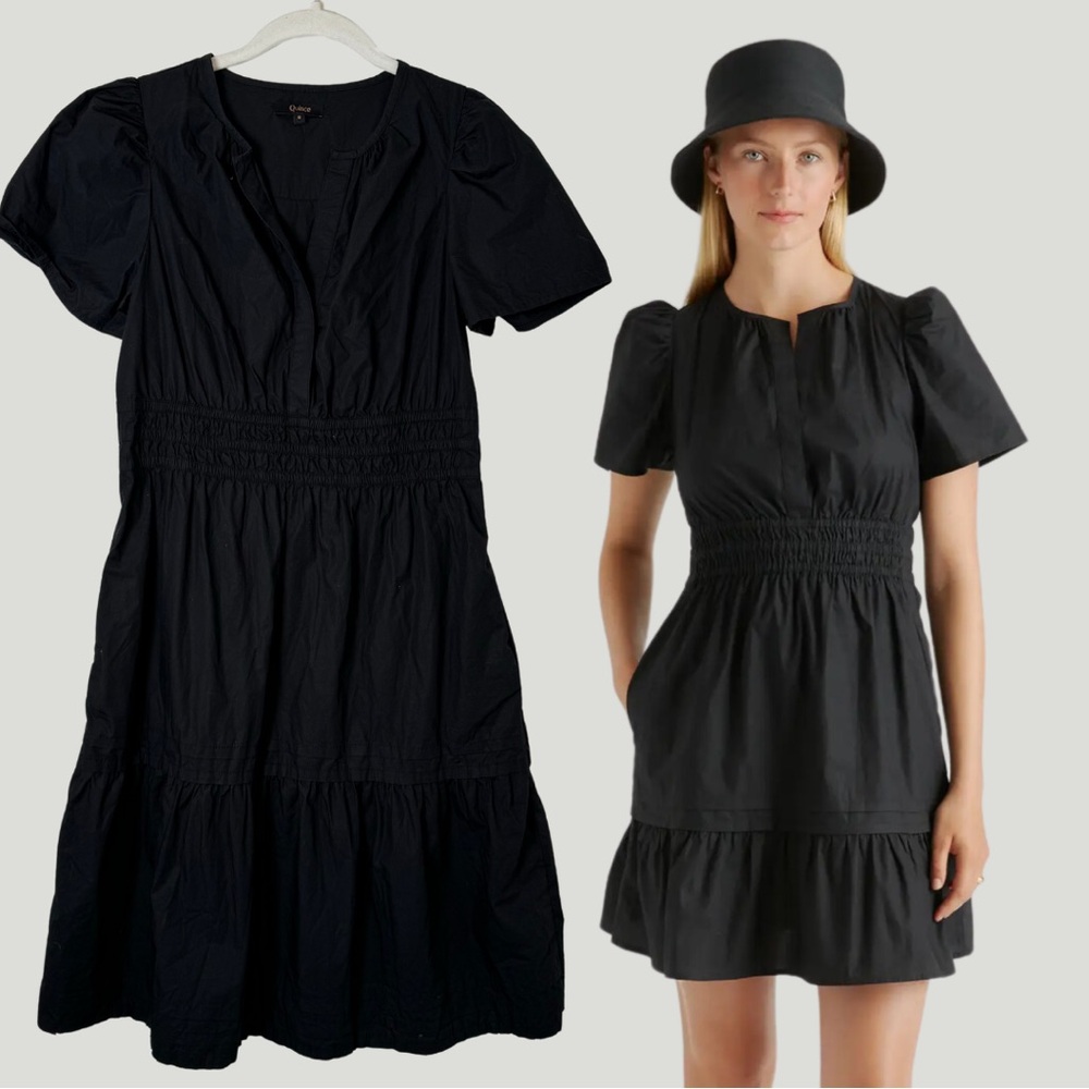 Quince | 100% Organic Cotton Poplin Tiered Mini Dress | Black | Small